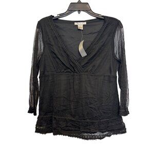 WD.NY Womens Black Sheer 3/4 Sleeve Beaded Lace Tunic Top L